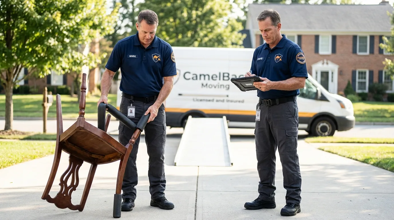 Movers inspecting furniture for damage prevention before loading in Hastings, PA