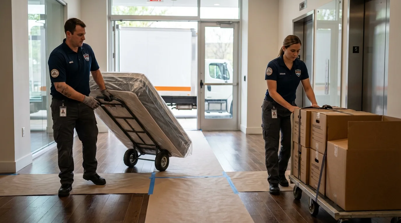 Professional apartment movers loading elevator in Hastings, PA